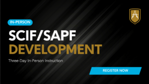 A black, gold white and blue graphic advertising the SCIF/SAPF in-person course
