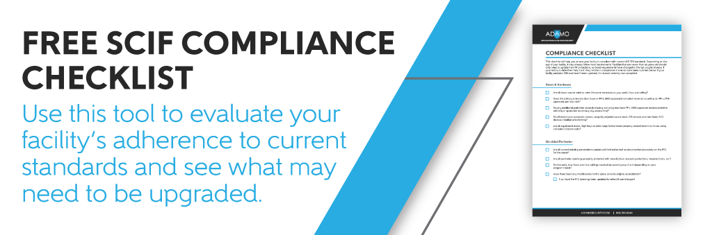 Blue and white graphic advertising the SCIF compliance checklist