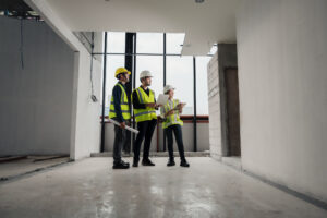 three people in construction safety gear inspect a wall inside a building